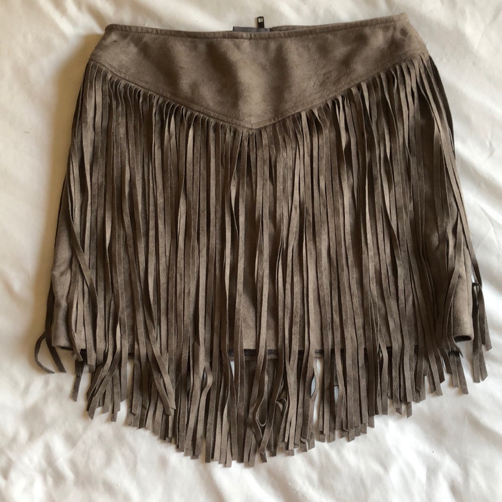 Show Me Your Mumu Taupe Suede fringe skirt